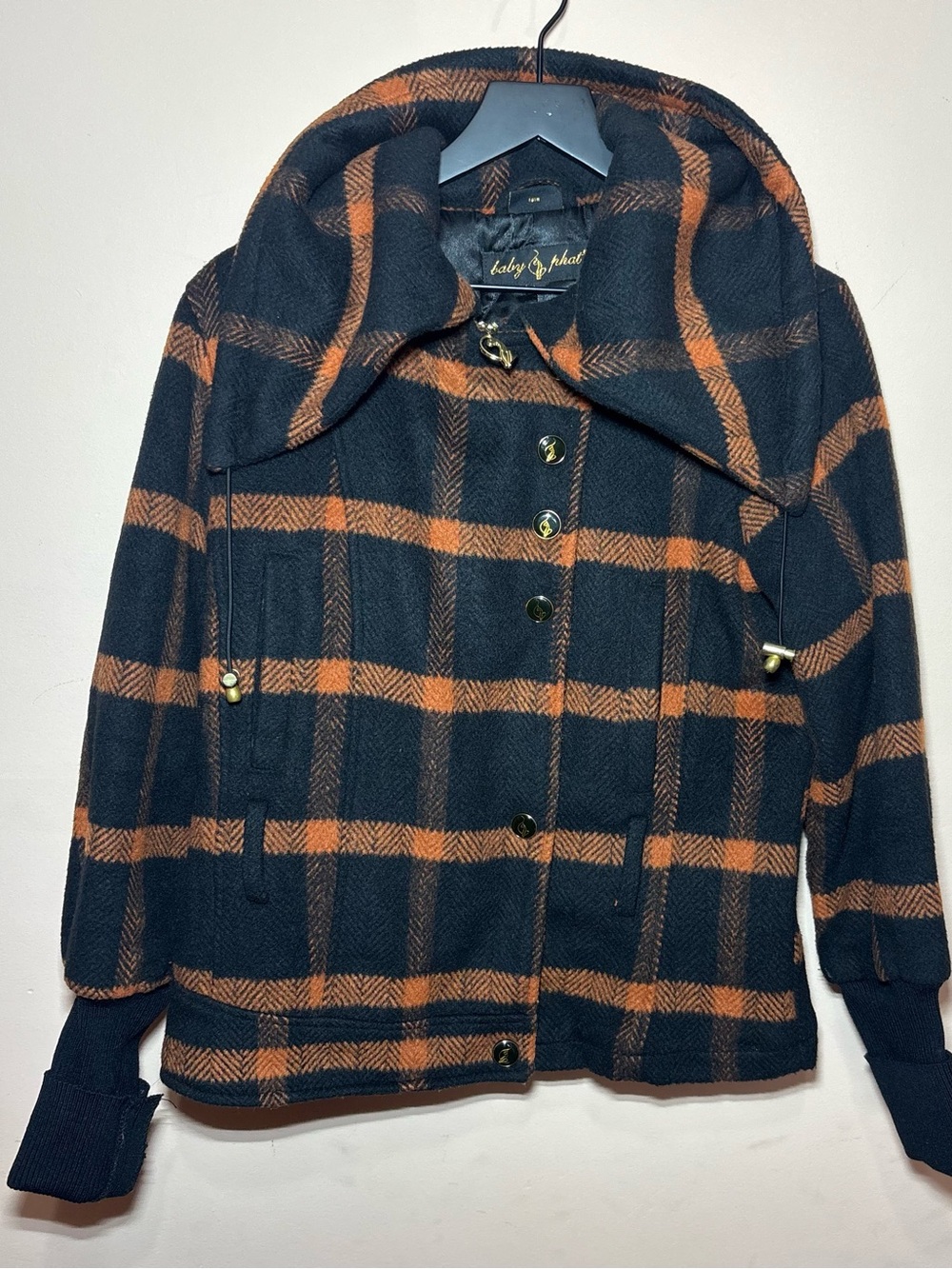 Baby Phat Y2K Plaid Hooded Jacket Black Orange Wool Blend Size L No Belt